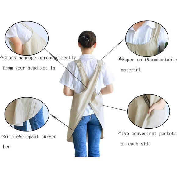 Soft Cotton Linen Apron Cross Back X-Shaped Japanese Style Pinafore Dress for Co - Picture 2 of 9
